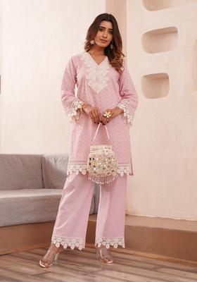 Pink Embroidery Cotton Co-Ord Set
