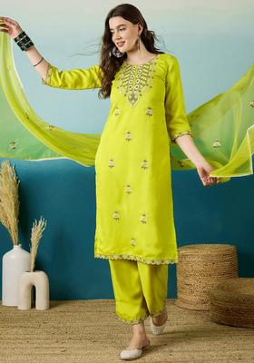 Yellow Embroidery Silk Kurta Set
