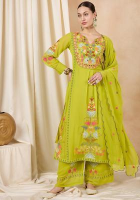 Green Embroidery Georgette Palazzo Set