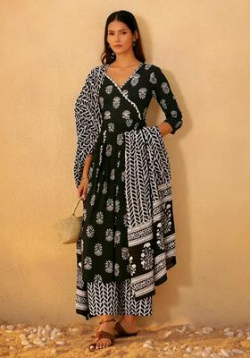 Black Floral Print Cotton Anarkali Set
