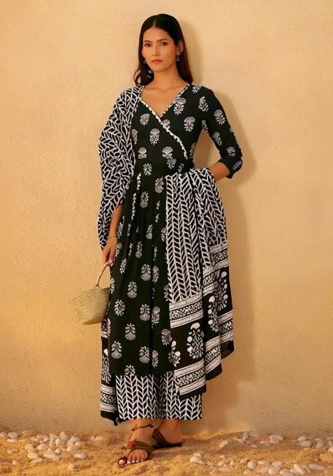 Black Floral Print Cotton Anarkali Set — view on Indya