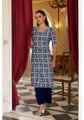 Navy Blue Printed Crepe Kurta Set