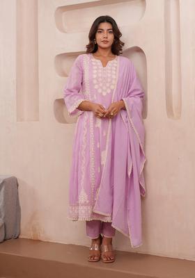 Lavender Embroidery Cotton Anarkali Set
