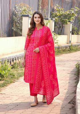 Pink Printed Rayon Kurta Set