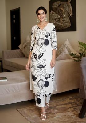 White Floral Print Rayon Kurta Set