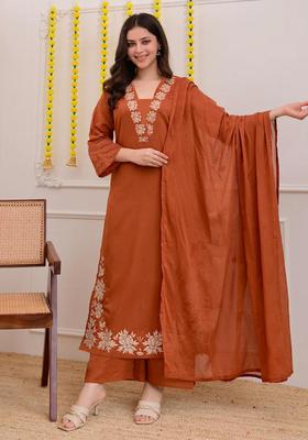 Rust Solid Rayon Kurta Set