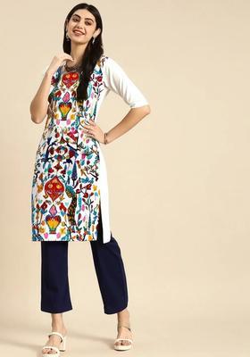 White Printed Crepe Kurta Set
