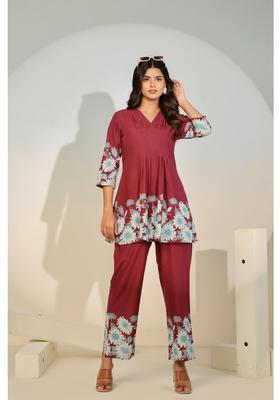 Maroon Floral Print Cotton Co-Ord Set