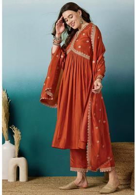 Orange Embroidery Silk Kurta Set