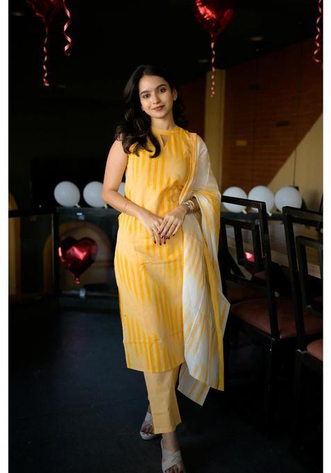 Yellow Stripes Rayon Kurta Set — view on Indya