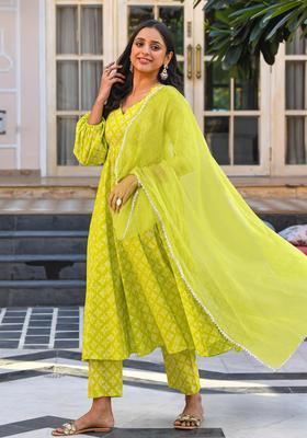 Green Printed Muslin Anarkali Set