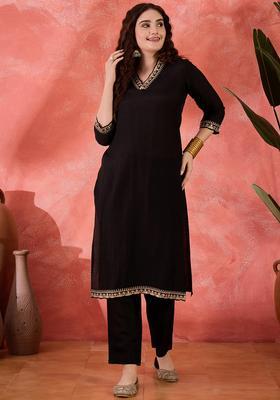 Black Embroidery Silk Kurta Set
