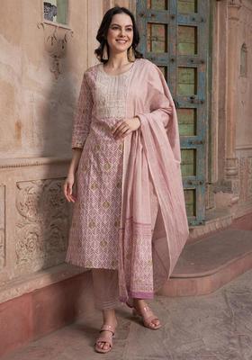 Mauve Abstract Print Cotton Kurta Set
