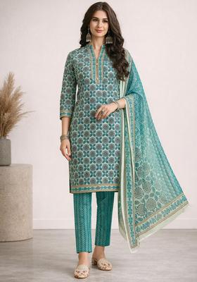 Turquoise Floral Print Polyester Kurta Set