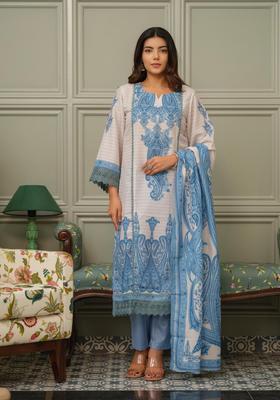 Blue Printed Silk Kurta Set