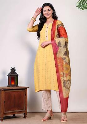 Yellow Woven Cotton Kurta Set