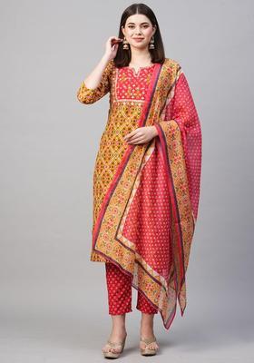 Yellow Floral Print Rayon Kurta Set