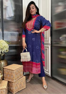 Blue Floral Print Rayon Kurta Set