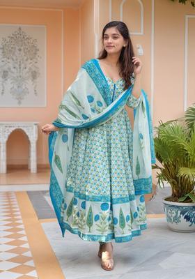 Blue Floral Print Rayon Anarkali Set