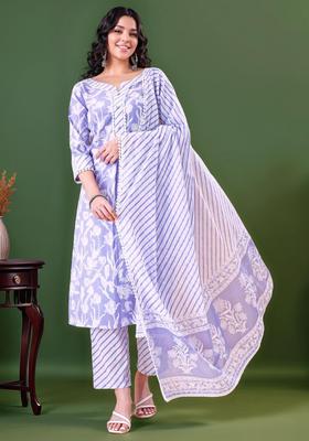 White Floral Print Cotton Kurta Set