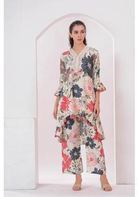 Peach Floral Print Rayon Kurta Set