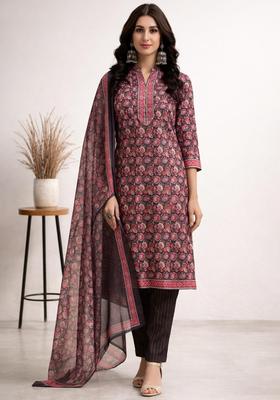 Pink Floral Print Polyester Kurta Set