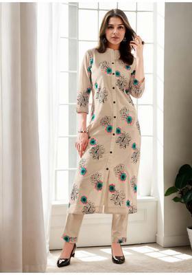 Beige Floral Print Cotton Co-Ord Set
