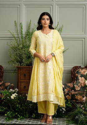 Yellow Embroidery Cotton Anarkali Set