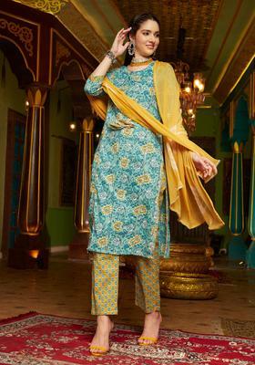 Blue Floral Print Cotton Kurta Set