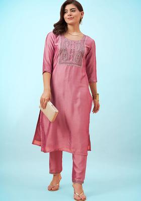 Peach Embroidery Chiffon Kurta Set