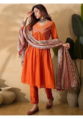 Orange Embroidery Silk Kurta Set