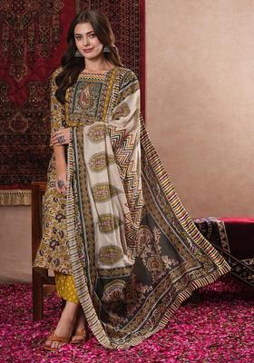 Mustard Yellow Printed Rayon Kurta Set