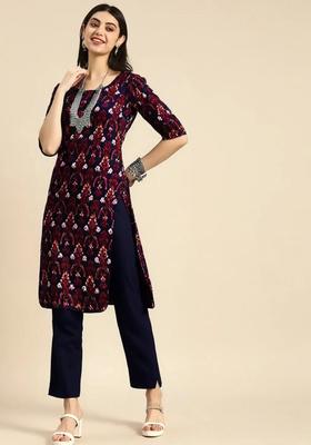Navy Blue Printed Crepe Kurta Set