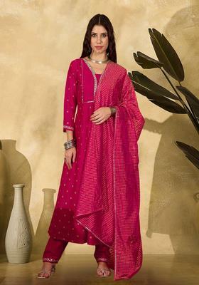 Rani Pink Embroidery Silk Anarkali Set