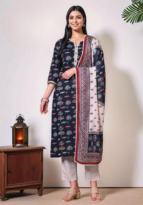 Navy Blue Floral Print Cotton Kurta Set