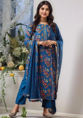 Navy Blue Floral Print Rayon Kurta Set