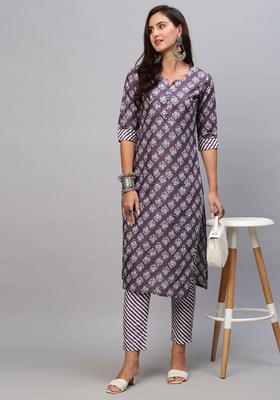 Purple Floral Print Rayon Kurta Set