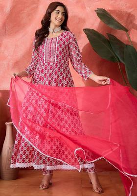 Pink Geometric Silk Anarkali Set