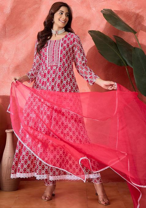 Pink Geometric Silk Anarkali Set — view on Indya