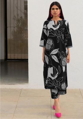 Black Floral Print Rayon Kurta Set