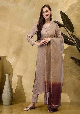 Brown Embroidery Cotton Kurta Set