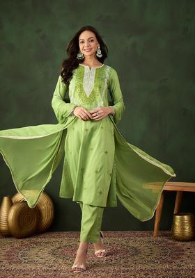 Olive Embroidery Viscose Kurta Set