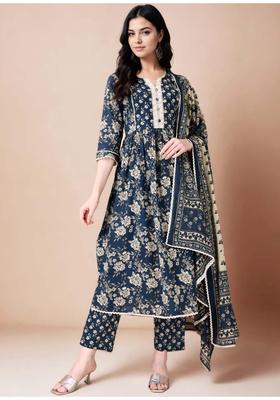 Navy Blue Floral Print Cotton Anarkali Set