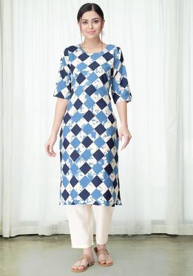 Blue Printed Crepe Kurta Set