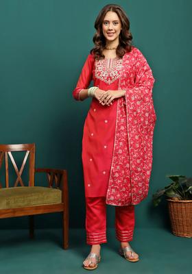 Red Embroidery Silk Kurta Set