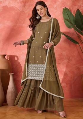 Brown Embroidery Georgette Sharara Set