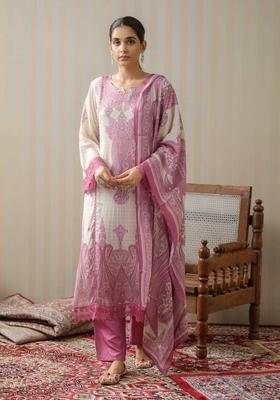 Off White Printed Silk Kurta Set