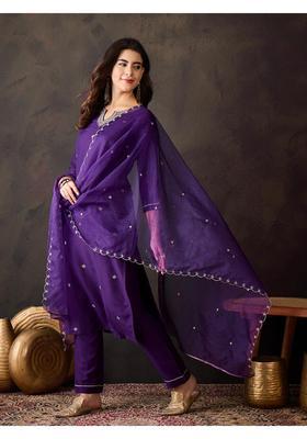 Purple Embroidery Silk Kurta Set