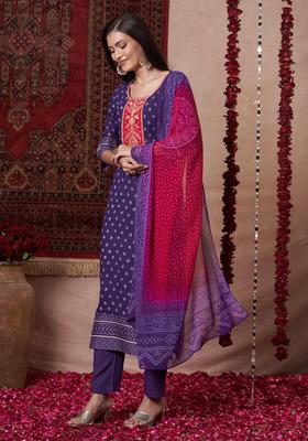 Purple Printed Rayon Kurta Set