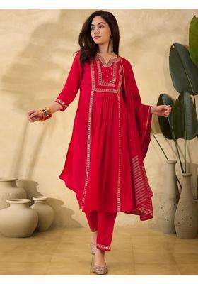 Red Embroidery Chiffon Kurta Set